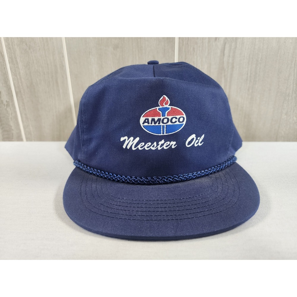Winner Amoco Meester Oil Hat Mens OSFA Navy Blue Vintage Trucker Snapback Rope